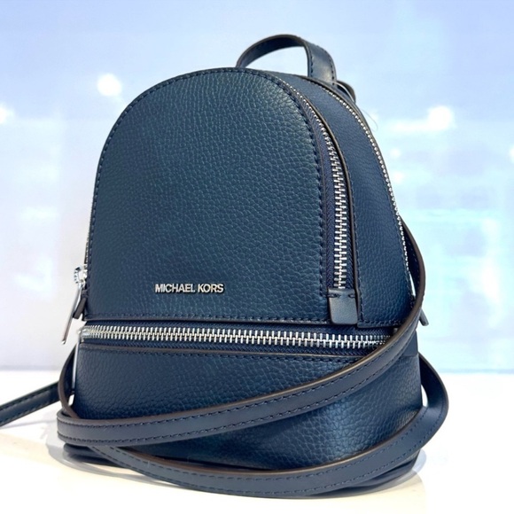 Michael Kors Rhea Extra-Small Printed Signature Logo Backpack Navy Blue - Picture 2 of 9